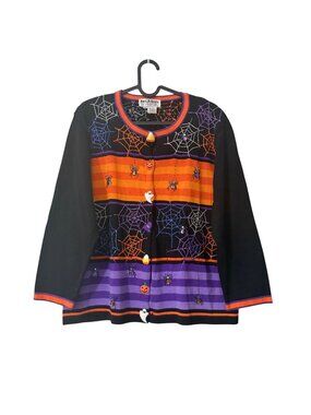 VTG Jack B Quick Halloween Spiders Pumpkin Beaded Embellished Cardigan XLarge